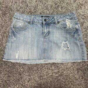 Vintage Y2K Micro Mini Skirt Denim Sz 9 Pockets Stretch Grunge Frayed Hem Indie